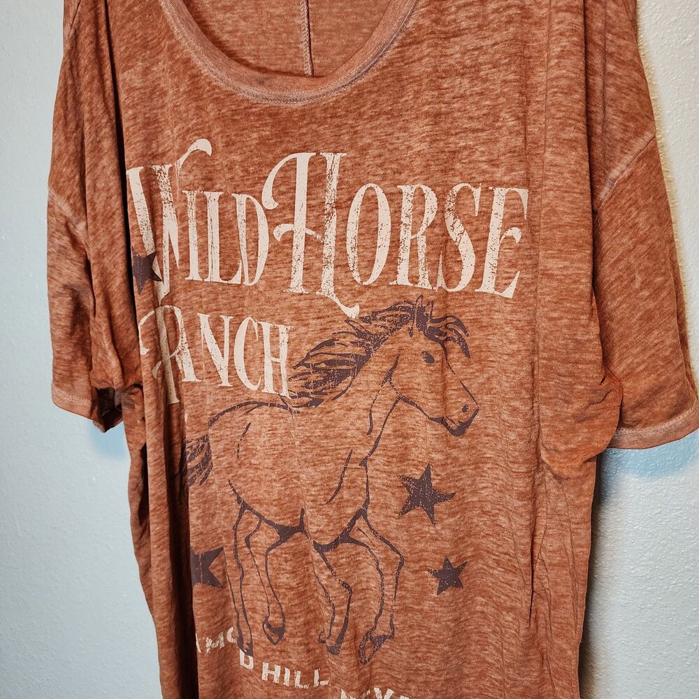 Cato Wild Horse Ranch Rust Mineral Wash Western Graphic Tee Plus 26W 28W